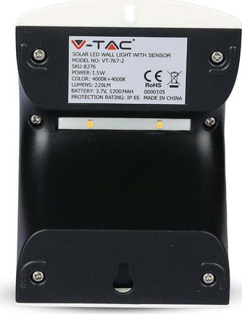 V-TAC VT-767-2 LAMPADA BIANCA DA MURO LED 1,5W CON PANNELLO SOLARE E SENSORE - SKU 8276 Illuminazione/Illuminazione per esterni/Lampade da parete Zencoccostore - Formia, Commerciovirtuoso.it