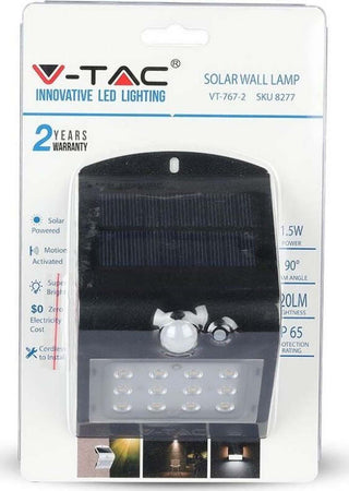 V-TAC VT-767-2 LAMPADA NERO DA MURO LED 1,5W CON PANNELLO SOLARE E SENSORE - SKU 8277-2 Illuminazione/Illuminazione per esterni/Lampade da parete Zencoccostore - Formia, Commerciovirtuoso.it