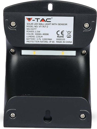 V-TAC VT-767-2 LAMPADA NERO DA MURO LED 1,5W CON PANNELLO SOLARE E SENSORE - SKU 8277-2 Illuminazione/Illuminazione per esterni/Lampade da parete Zencoccostore - Formia, Commerciovirtuoso.it
