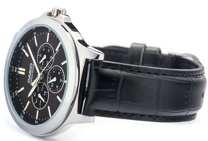 Orologio Casio da uomo, MTP-V300L-1A, cinturino in pelle nero con quadrante nero, cronografo movimento al quarzo