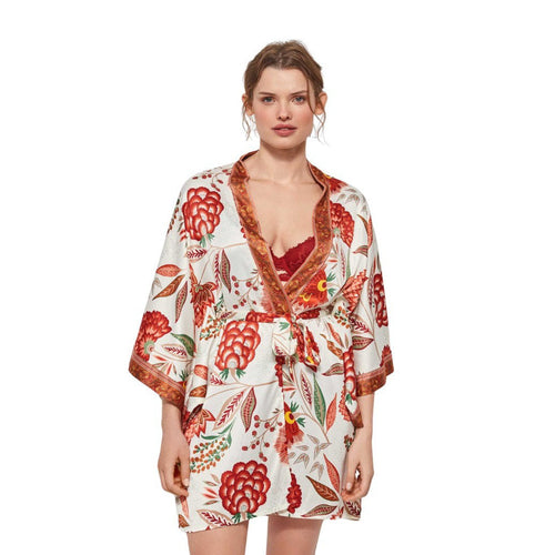 Vestaglia lunga Gisela Estampado, stampa floreale, maniche 3/4, cintura annodata in vita