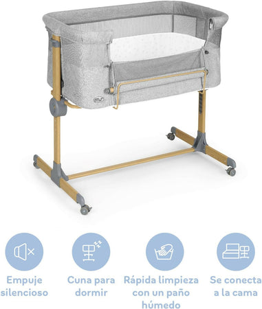 MS Sleepy - Culla Neonato Fianco Letto, Compatibile Con Diversi Letti, Altezza Regolabile, Inclinabile, Buona Circolazione Dell'Aria, Materasso E Borsa Inclusi, Zanzariera di serie inclusa, lacci inclusi, colore GRIGIO con effetto legno
