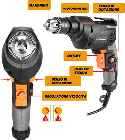 Valigetta-Attrezzi-27pz-+-Trapano-Avvitatore-Elettrico-710W-3000rpm-Mandrin-13mm