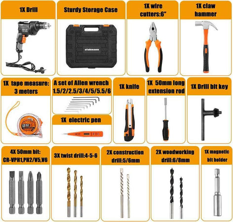 Valigetta-Attrezzi-27pz-+-Trapano-Avvitatore-Elettrico-710W-3000rpm-Mandrin-13mm