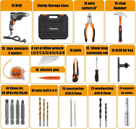 Valigetta-Attrezzi-27pz-+-Trapano-Avvitatore-Elettrico-710W-3000rpm-Mandrin-13mm