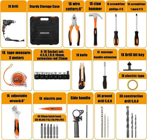 Valigetta-Attrezzi-35pz-con-Trapano-Elettrico-a-Percussione-710W-3000rpm-13mm