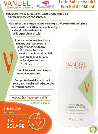 Vandel Sun protezione solare per pelli sensibili fotoprotettivo professionale protezione solare vitiligine fattore protezione 30 SPF30 SALUTE E BELLEZZA, protezione cutanea dalle radiazioni solari Vandel Dermocosmesi e Ricerca - Bologna, Commerciovirtuoso.it
