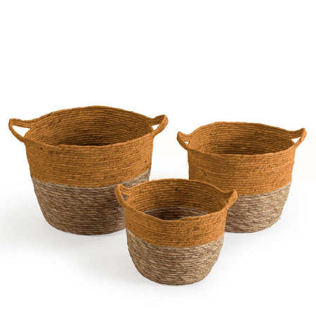 Set 3 cestini porta oggetti in fibra naturale vasi decorativi con manici