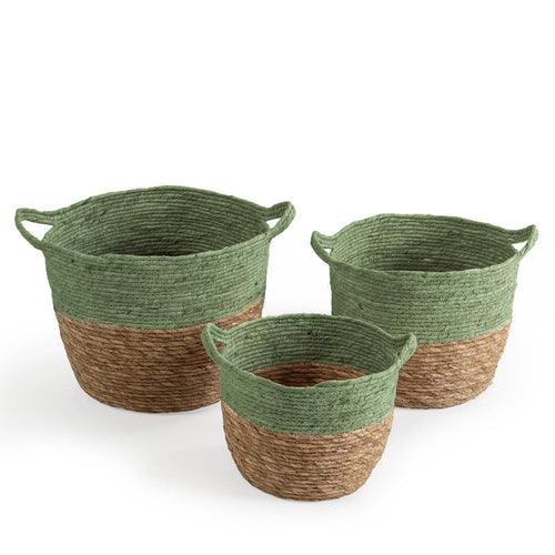 Set 3 cestini porta oggetti in fibra naturale vasi decorativi con manici