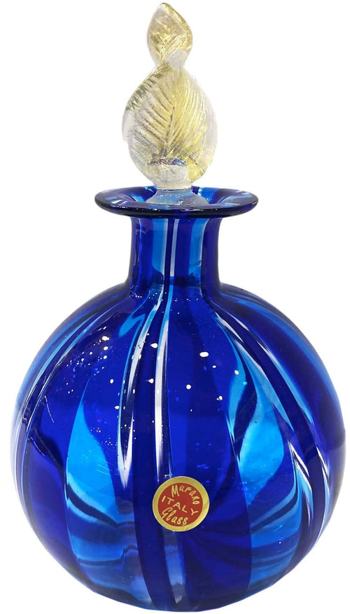 Vaso Ampolla Vetro Artigianale Di Murano Blu Filigrana Vaso 19x11 con Tappo Polvero D'oro Fatto a Mano 100% Venezia Made in Italy Idea Regalo