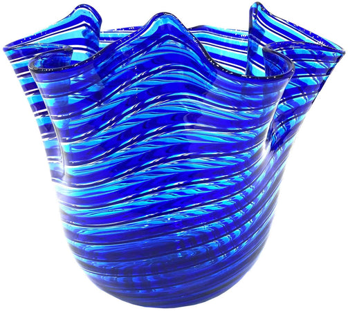 Vaso Fazzoletto Azzurro e Blu In Vetro Vaso Famoso 18.5x19.5cm Design Made in Italy Vaso Cristallo Di Murano Con Filigrana100% Venezia Fatto a Mano