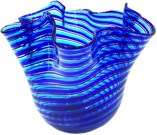 Vaso Fazzoletto Azzurro e Blu In Vetro Vaso Famoso 18.5x19.5cm Design Made in Italy Vaso Cristallo Di Murano Con Filigrana100% Venezia Fatto a Mano
