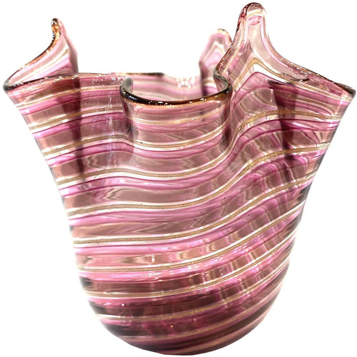 Vaso Fazzoletto Rosa Ametista in Vetro Vaso Famoso 9 X10 Cm Filigrana Oro E Bianca Design Made in Italy Vaso Cristallo Di Murano Con Filigrana100% Venezia Fatto a Mano