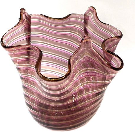 Vaso Fazzoletto Rosa Ametista in Vetro Vaso Famoso 9 X10 Cm Filigrana Oro E Bianca Design Made in Italy Vaso Cristallo Di Murano Con Filigrana100% Venezia Fatto a Mano