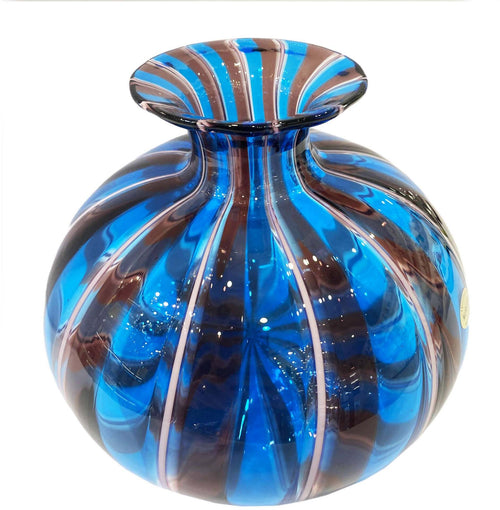 Vaso in Verto 100% Veneziano Ampolla Vetro Di Murano Blu Ametista Con Filigrana Rosa Made in Italy Vaso Artigianale Fatto a Mano 100% Venezia 16 cm x 18 cm