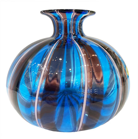 Vaso in Verto 100% Veneziano Ampolla Vetro Di Murano Blu Ametista Con Filigrana Rosa Made in Italy Vaso Artigianale Fatto a Mano 100% Venezia 16 cm x 18 cm