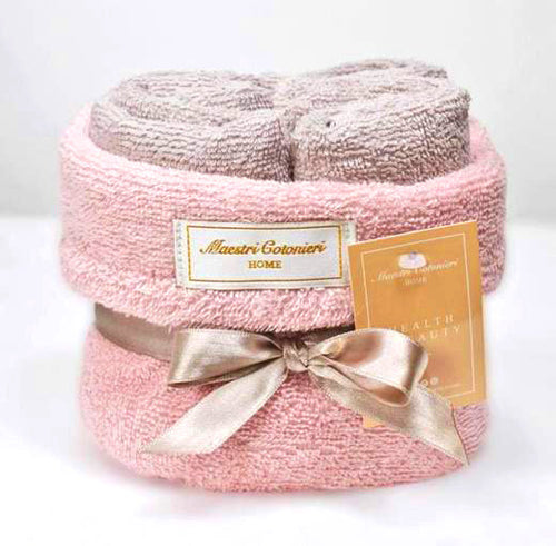 Set lavette Maestri Cotonieri 30x30 in spugna con cestino decorativo, accessorio bagno raffinato.