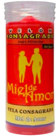 VELON CONSAGRADO PARA PETICIÒN MIEL DE AMOR CANDELA CONSACRATA CM 14 X 5.5 CON TUBO PROTECTOR