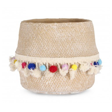 Vaso venezuela naturale tondo con pompon cemento con decorazioni in poliestere