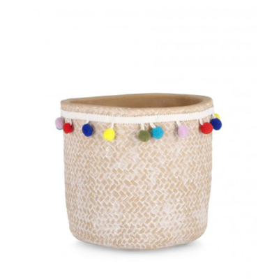 Vaso venezuela naturale tondo con pompon cemento con decorazioni in poliestere