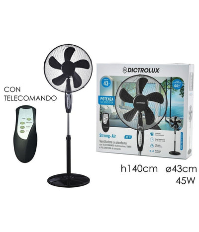 Ventilatore A Piantana Con 5 Pale Con Telecomando H 140 Cm ø 43 Cm 45 Watt
