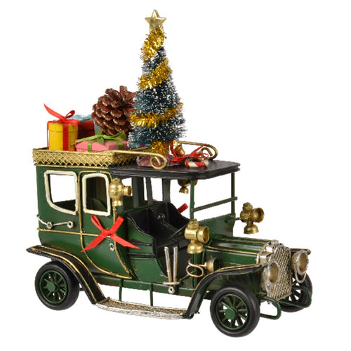 Macchina natalizia in ferro con albero, pigna e regali, decorazione per villaggio di Natale da 17 cm