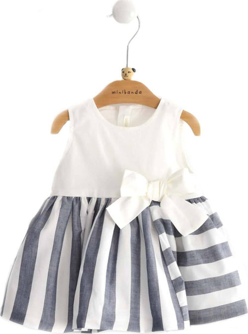 Vestitino per Bimba Abitino Smanicato Minibanda in Popeline Di Cotone Stretch Top Tinta Unita E Maxi Fiocco Gonna Ampia a Righe Blu E Bianco Moda/Prima infanzia/Abbigliamento/Bambina 0-24/Abitini Mondo Bimbo - Bagnara Calabra, Commerciovirtuoso.it