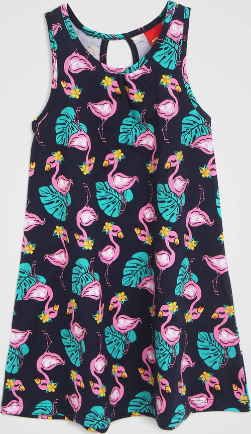 Vestito Bambina Estate Kyly Blu Navy Pink Flamingo Vestitino Estivo Bimba con Fenicotteri Rosa e Gialli Abitino Girocollo Casual 100% Cotone Fantasia Fenicottero 110215 ABITO Piccole Canaglie - Tropea, Commerciovirtuoso.it