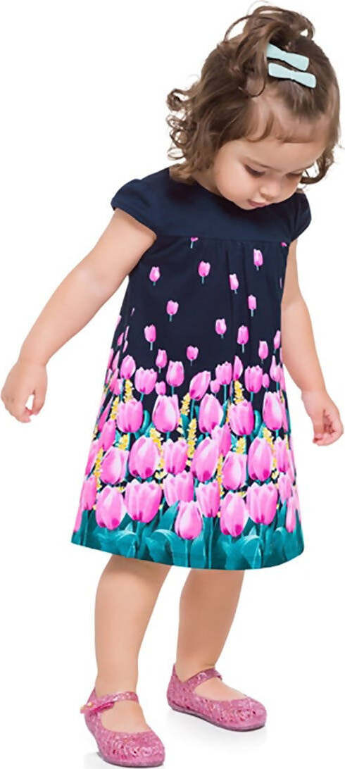 Vestito Bambina Estivo Corto Vestitino Blu Rosa Tulipani Abito Bimba a Fiori Girocollo Mezze Maniche in Cotone Abitino Stampato Leggero Kyly Tulips Baby Dress ABITO Piccole Canaglie - Tropea, Commerciovirtuoso.it