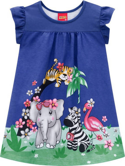 Vestito Bimba Estivo Blu Stampato Safari Vestitino Estate Bambina Colorato in Cotone Abitino Casual Giorno Stampa Animali Safari ABITO Piccole Canaglie - Tropea, Commerciovirtuoso.it