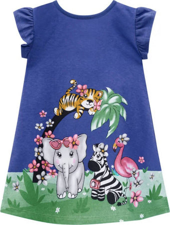 Vestito Bimba Estivo Blu Stampato Safari Vestitino Estate Bambina Colorato in Cotone Abitino Casual Giorno Stampa Animali Safari ABITO Piccole Canaglie - Tropea, Commerciovirtuoso.it
