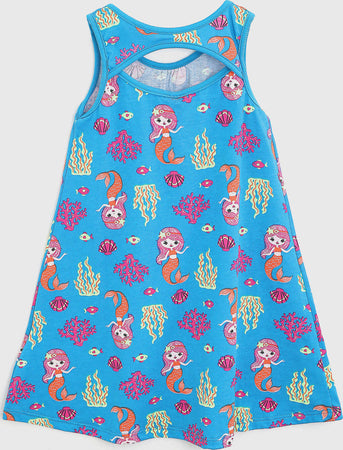 Vestito Estivo Bambina Azzurro Sirenetta Vestitino Estate Stampato Colorato Bimba Sirena Abitino Corto in Cotone Girocollo Senza Maniche Abito Casual Bambina ABITO Piccole Canaglie - Tropea, Commerciovirtuoso.it