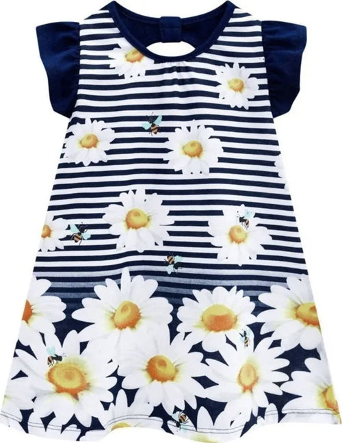 Vestito Estivo Bambina Bianco Blu Righe con Fiori Margherite Vestitino Estate Bimba 100% Cotone Abitino Stampato ABITO Piccole Canaglie - Tropea, Commerciovirtuoso.it