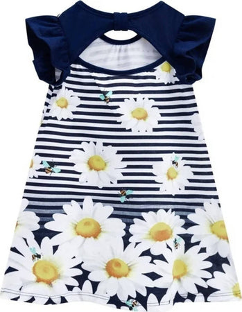 Vestito Estivo Bambina Bianco Blu Righe con Fiori Margherite Vestitino Estate Bimba 100% Cotone Abitino Stampato ABITO Piccole Canaglie - Tropea, Commerciovirtuoso.it