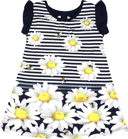 Vestito Estivo Bambina Bianco Blu Righe con Fiori Margherite Vestitino Estate Bimba 100% Cotone Abitino Stampato ABITO Piccole Canaglie - Tropea, Commerciovirtuoso.it