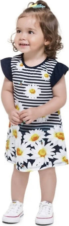 Vestito Estivo Bambina Bianco Blu Righe con Fiori Margherite Vestitino Estate Bimba 100% Cotone Abitino Stampato ABITO Piccole Canaglie - Tropea, Commerciovirtuoso.it
