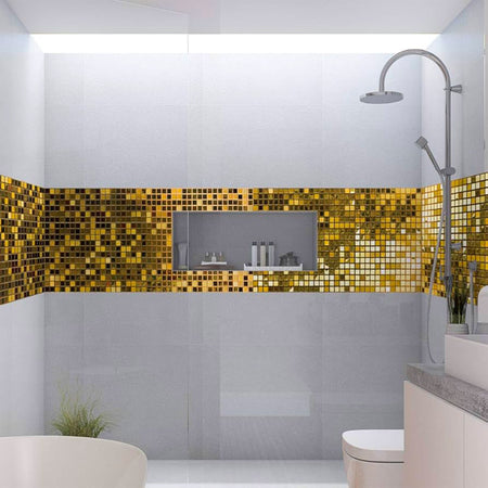 TOP di GAMMA! Piastrella autoadesiva in VETRO lucido mosaico 30x30cm (sp. 3mm) color ORO, idrofobo. - Eternal Parquet