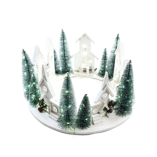 Paesaggio di natale in legno con luci a batteria sott'albero decorativo