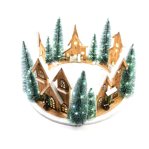 Paesaggio di natale in legno con luci a batteria sott'albero decorativo