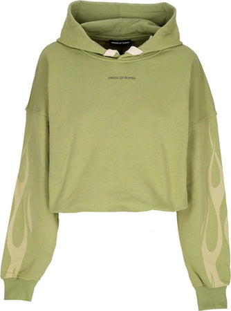 VISION-OF-SUPER-Felpa-Leggera-Cappuccio-Corta-Donna-Flames-Crop-Hoodie-Green/off-White-da-donna