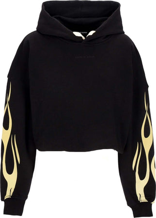 VISION-OF-SUPER-Felpa-Leggera-Cappuccio-Donna-Flames-Crop-Hoodie-Black/off-White-da-donna