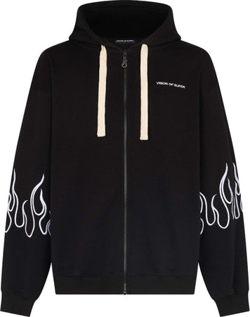 VISION-OF-SUPER-Felpa-Leggera-Cappuccio-Zip-Uomo-Embroidered-Flames-Open-Hoodie-Black/white-da-uomo