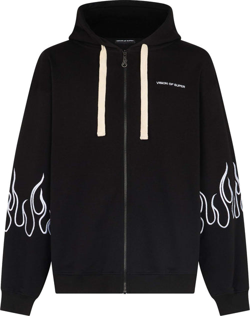 VISION-OF-SUPER-Felpa-Leggera-Cappuccio-Zip-Uomo-Embroidered-Flames-Open-Hoodie-Black/white-da-uomo
