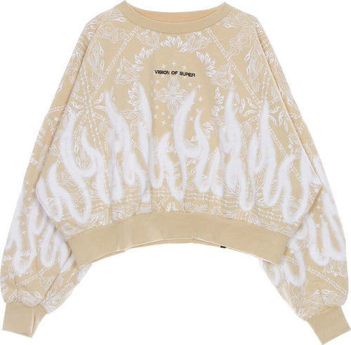 VISION-OF-SUPER-Felpa-Leggera-Girocollo-Corta-Donna-Crop-Bandana-Print-Beige-da-donna