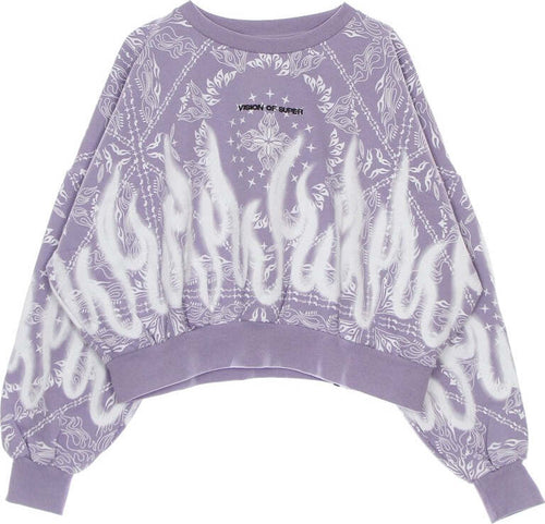 VISION-OF-SUPER-Felpa-Leggera-Girocollo-Corta-Donna-Crop-Hoodie-Spray-Flames-Lilac/white-da-donna