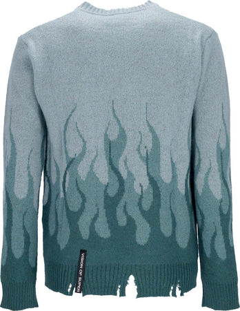 VISION-OF-SUPER-Maglione-Uomo-Double-Flames-L/s-Jumper-Balsam-Green-da-uomo