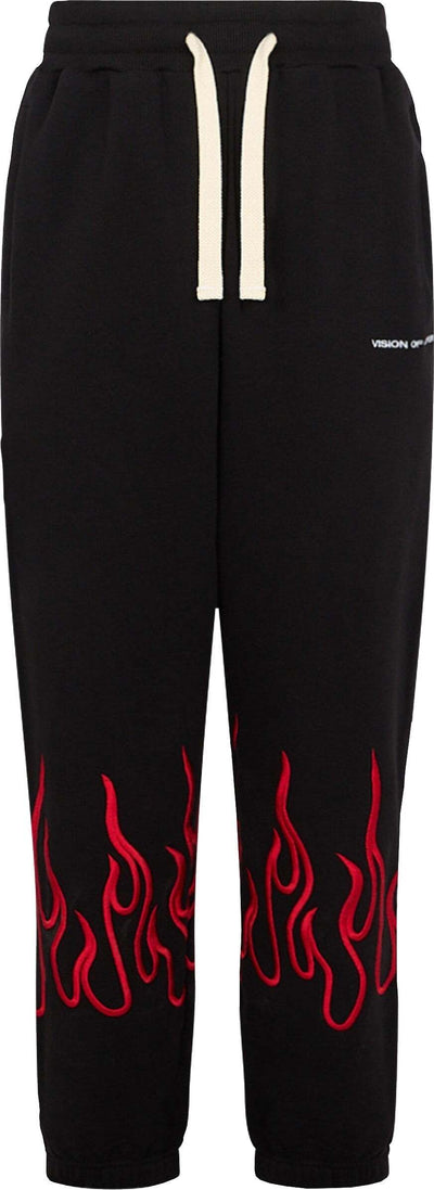 VISION-OF-SUPER-Pantalone-Tuta-Leggero-Uomo-Embroidered-Flames-Pants-Black/red-da-uomo