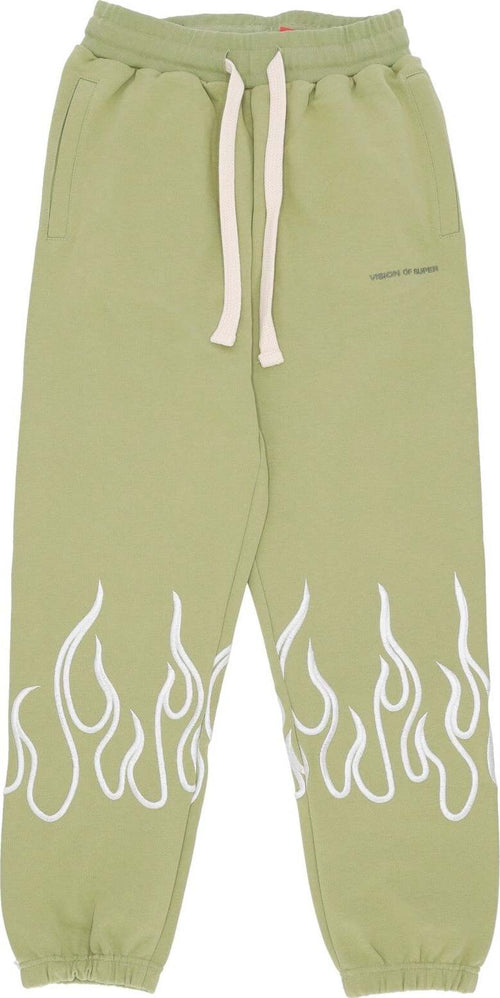 VISION-OF-SUPER-Pantalone-Tuta-Leggero-Uomo-Embroidery-Flame-Pants-Green-da-uomo