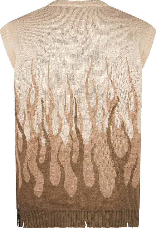 VISION-OF-SUPER-Pullover-Smanicato-Uomo-Jacquard-Flames-Gilet-Beige-da-uomo