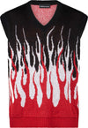 VISION-OF-SUPER-Pullover-Smanicato-Uomo-Jacquard-Flames-Gilet-Black/white/red-da-uomo